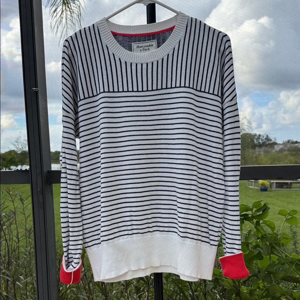 Abercrombie & Fitch Women's Black and White Striped Sweater with Red Accents